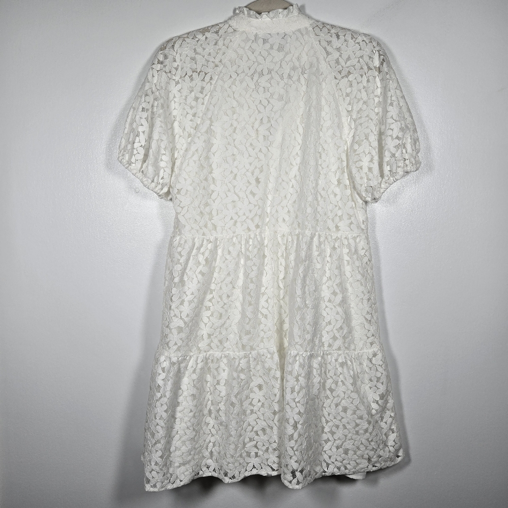 CeCe White Floral Lace Tiered Babydoll V-Neck Puff Sleeve Dress Size Small - Picture 13 of 16